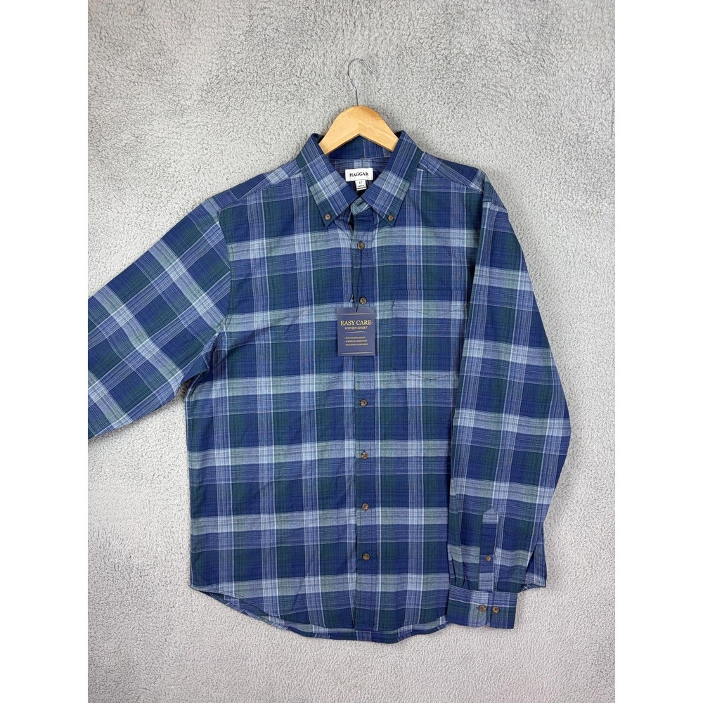 Haggar Shirt Mens LT Blue Plaid Long Sleeve Weekender Button Down Casual Men New
